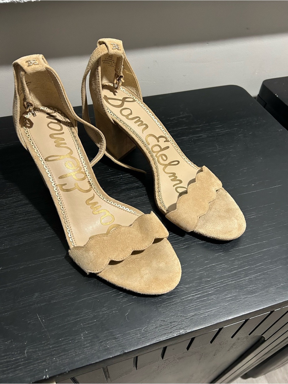 Sam Edelman Tan Scalloped Suede Block Heel Sandals
